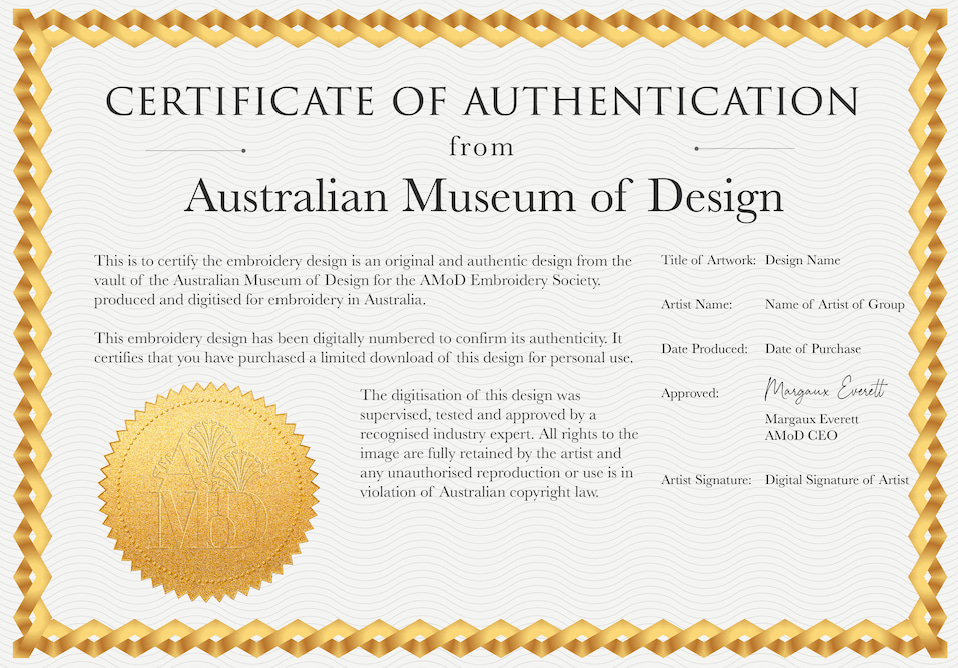 Australian Museum of Design Embroidery Society Certificate of Authenticity
