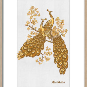 Florence Broadhurst Peacocks Gold printed on 100% linen, embroidered with foil thread and box framed Exclusively by the Australian Museum of Design