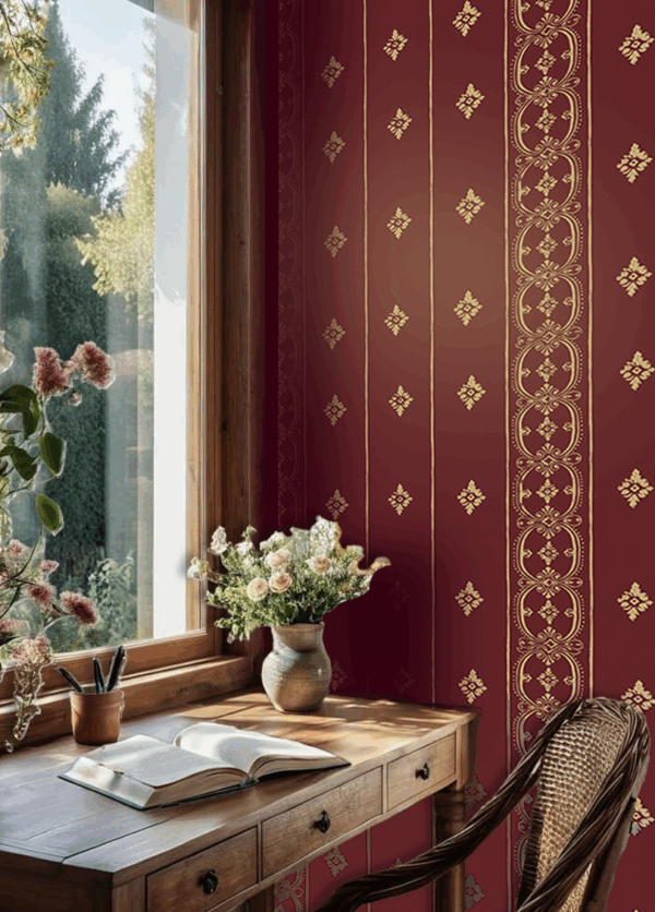 Collette Dinnigan Wallpaper Fleur Diamond With Vertical Border Bordeaux
